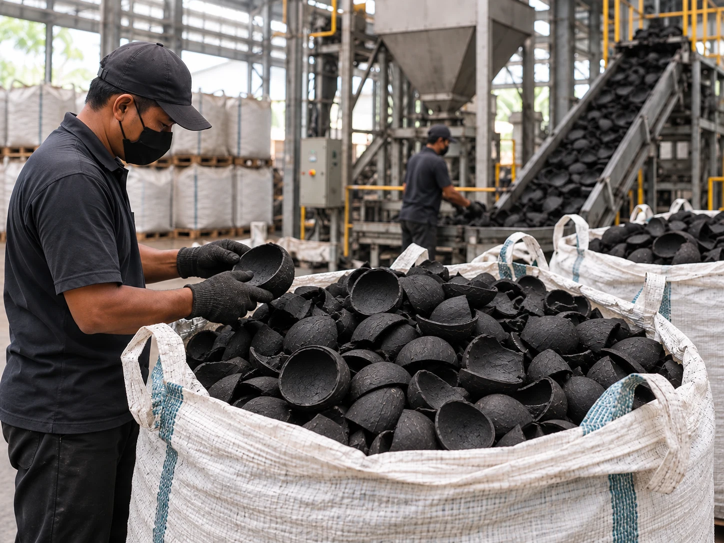 Coconut shell charcoal processing facility with bagged stock