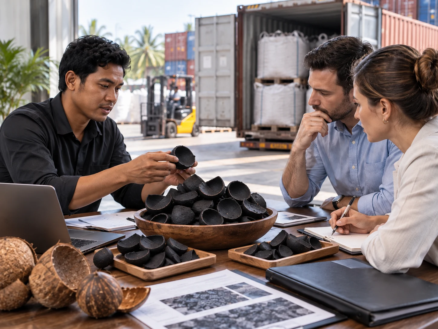Business meeting discussing coconut shell charcoal export orders