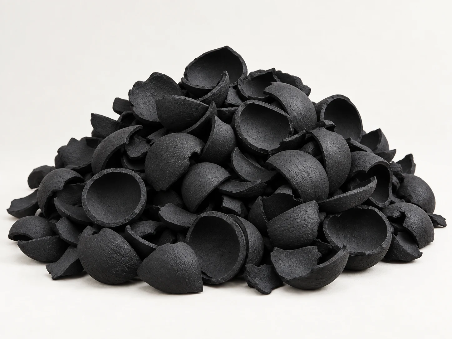 Pile of finished coconut shell charcoal being handled